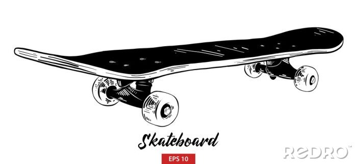 Fototapete Vector engraved style illustration for posters, decoration and print. Hand drawn sketch of skateboard in black isolated on white background. Detailed vintage etching style drawing.