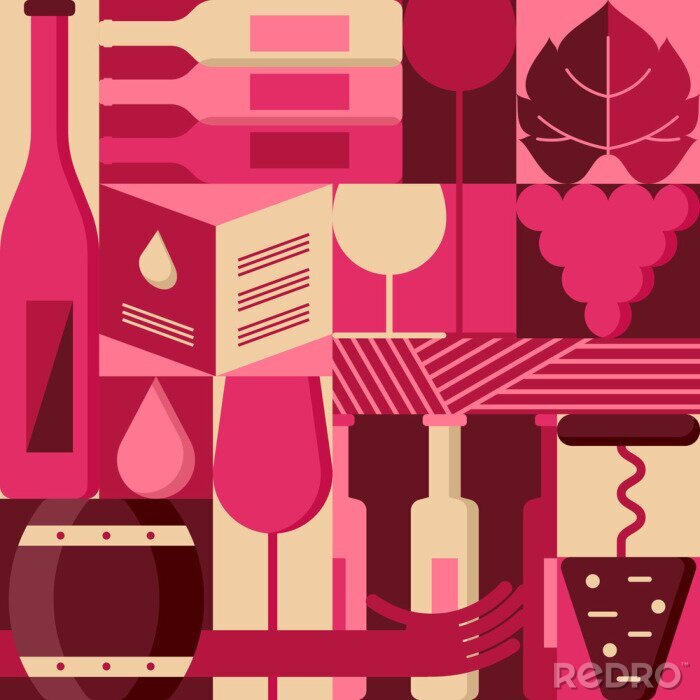 Fototapete Vector flache geometrische Gestaltungselemente für Weinliste, Aufkleber, Verpackung, Bar oder Restaurantmenü. Bunter Hintergrund mit Weinflaschen, Glas, Weinrebe. Modische blockierende Illustration.