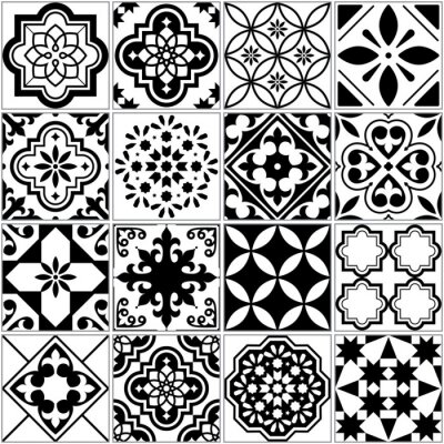 Vector Fliesenmuster, Lissabon Blumen Mosaik, mediterrane nahtlose Schwarz-Weiß-Ornament