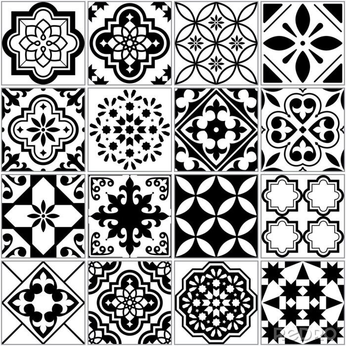 Fototapete Vector Fliesenmuster, Lissabon Blumen Mosaik, mediterrane nahtlose Schwarz-Weiß-Ornament