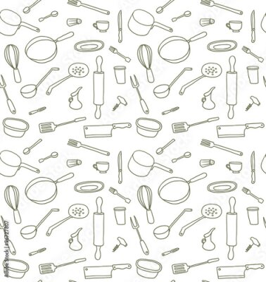 Fototapete Vector Kitchen Utensilien nahtlose Muster, Linie Kunst. Line nahtlose Bild der verschiedenen Geschirr und Utensilien auf einem weißen Hintergrund.