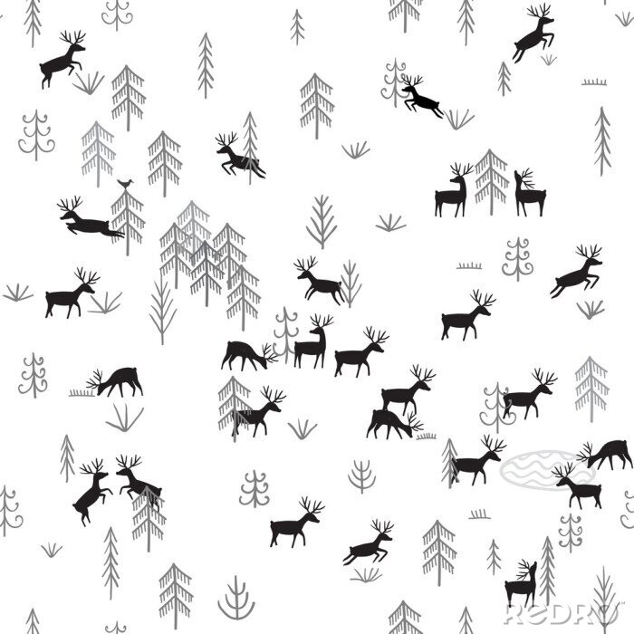 Fototapete Vector nahtlose Muster mit wilden Wald Leben und Hirsche