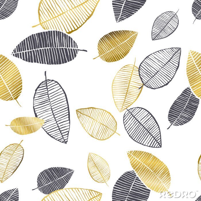 Fototapete Vector nahtloses Muster mit Hand gezeichneten goldenen, schwarzen, weißen Aquarell- und Tintenblättern. Trendiges skandinavisches Design