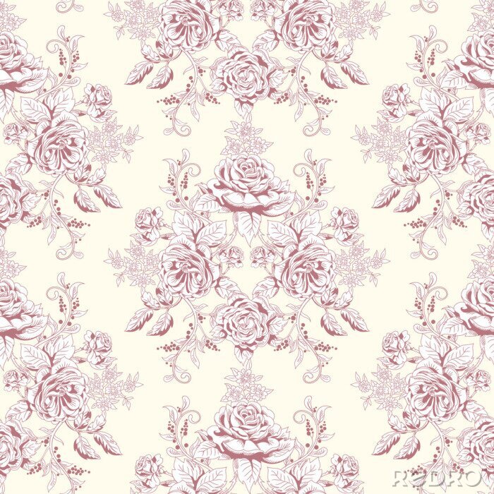 Fototapete Vector seamless background. Hand drawing of a bouquet victorian garden roses. Vintage style