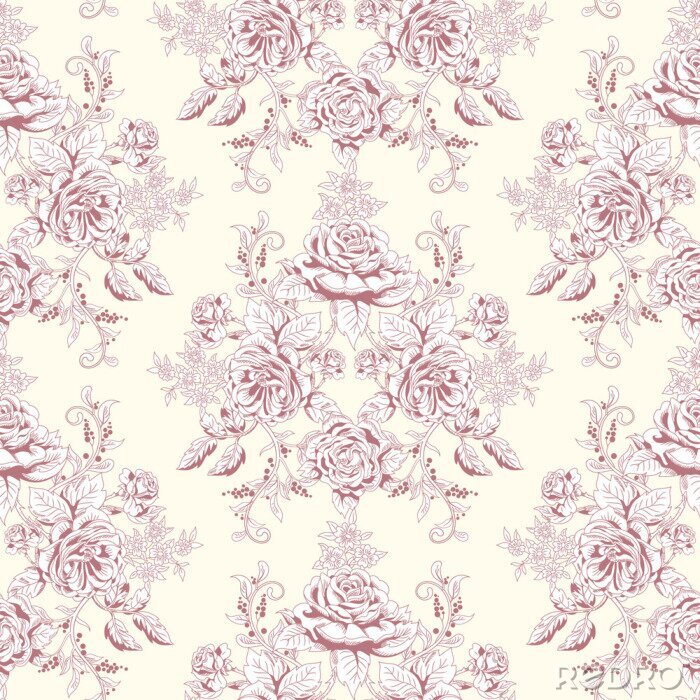 Fototapete Vector seamless background. Hand drawing of a bouquet victorian garden roses. Vintage style