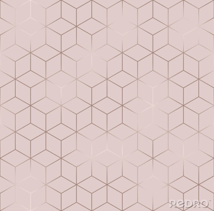 Fototapete Vector seamless hexagon background. Geometric pattern grid with rose gold lines