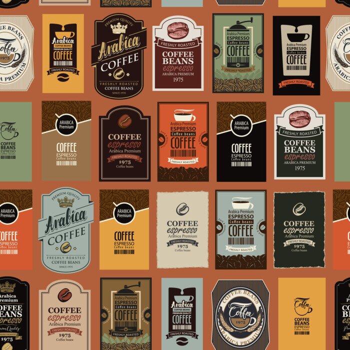 Fototapete Vector seamless pattern on coffee and coffee house theme with various labels in retro style. Can be used as wallpaper or wrapping paper