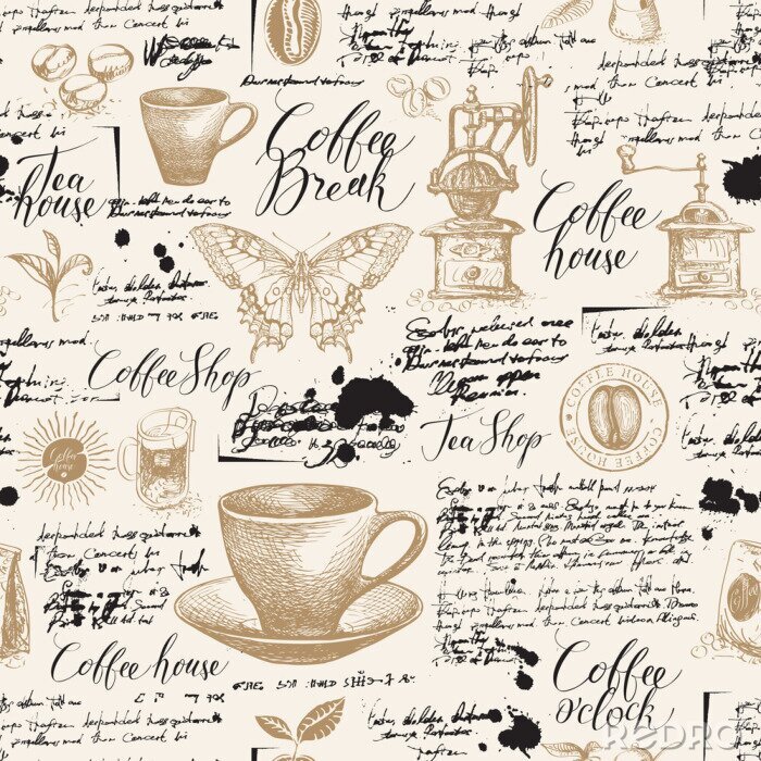 Fototapete Vector seamless pattern on tea and coffee theme with sketches, blots and unreadable inscriptions in retro style. Suitable for Wallpaper, wrapping paper, background, fabric or textile