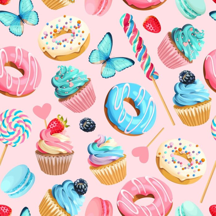 Fototapete Vector seamless pattern with cupcakes and donuts
