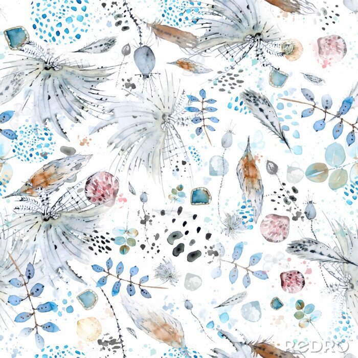 Fototapete Vector seamless watercolor and ink abstract pattern of boho elements, feathers, shells, palm twigs, plants, spots and splashes.