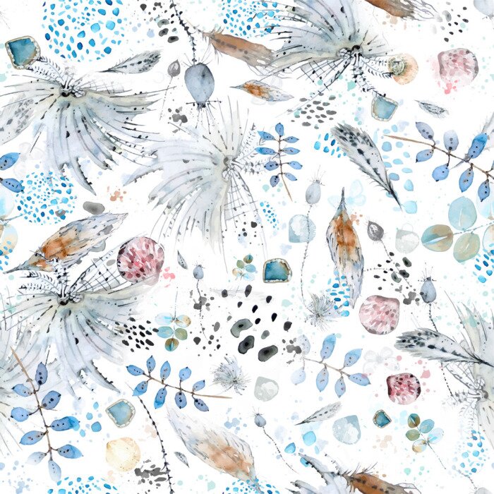 Fototapete Vector seamless watercolor and ink abstract pattern of boho elements, feathers, shells, palm twigs, plants, spots and splashes.