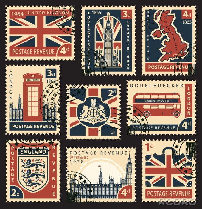 Fototapete Vector set von Briefmarken mit britischer Flagge, uk-Karte, uk Das Parlament, London Big Ben, Wappen von England und Großbritannien und andere britische Symbole