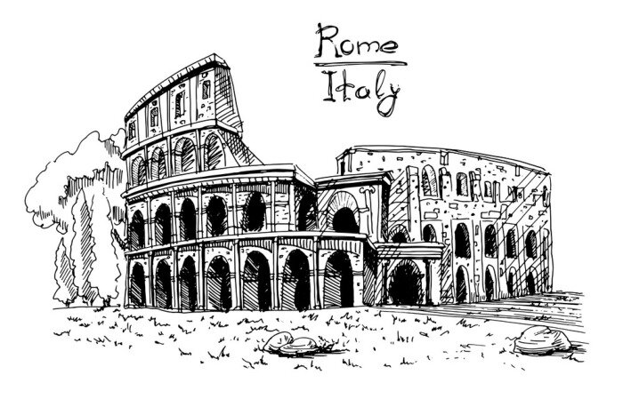 Fototapete Vector sketch of The Coliseum or Flavian Amphitheatre, Rome, Italy.