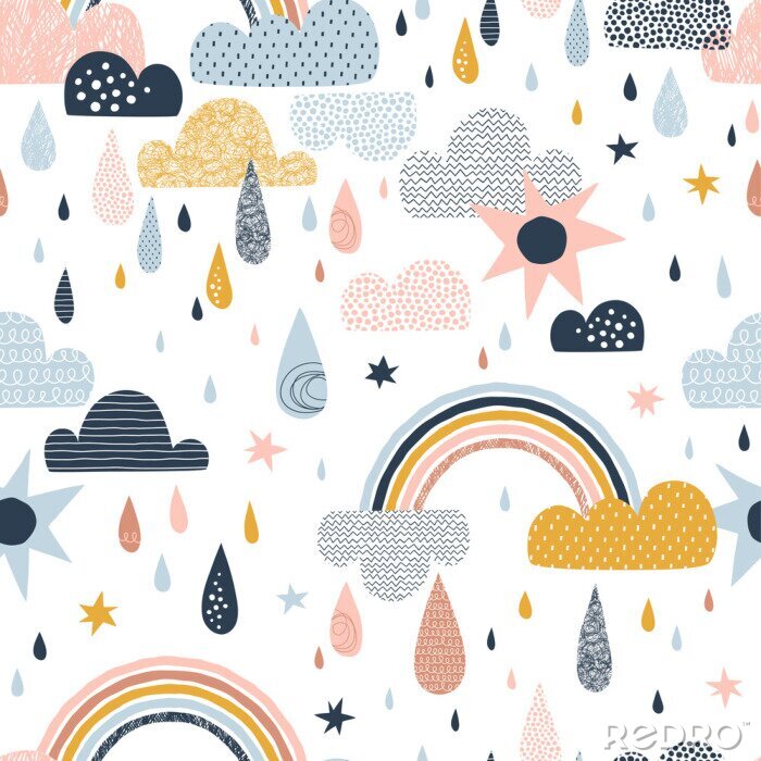 Fototapete Vector sky seamless pattern with clouds, rain drops, rainbow, sun. Cute doodle decorative scandinavian print for textile, fabric, apparel gender-neutral kid nursery design