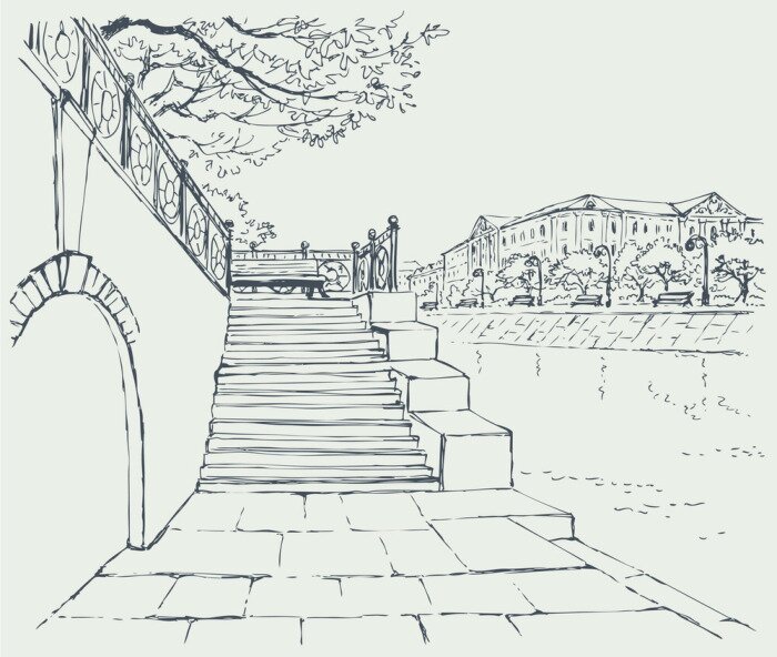 Fototapete Vector Stadtbild. Ein alter Stein Kai. Schritte in die Gasse