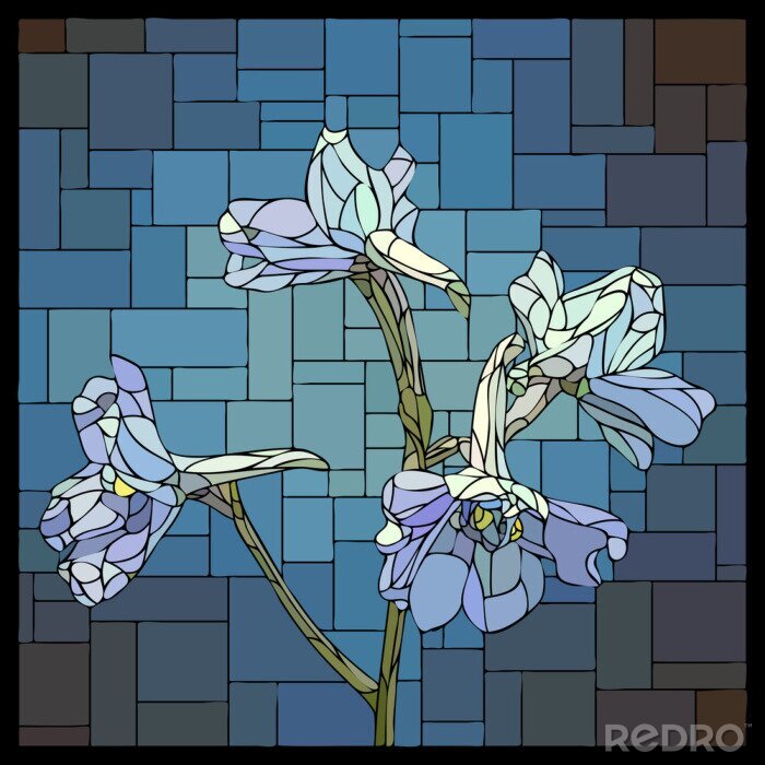 Fototapete Vector stained glass window with blooming flowers of blue delphiniums.