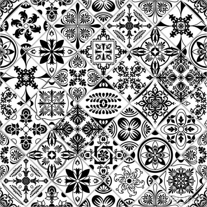 Fototapete Vector tile pattern, Lisbon floral mosaic, Mediterranean black and white ornament