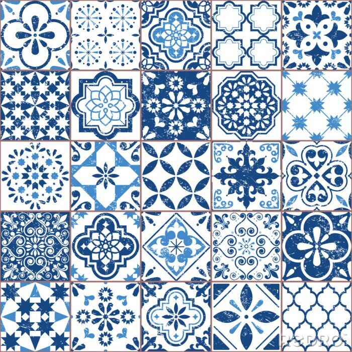 Fototapete Vektor Azulejo Fliesenmuster, portugiesische oder spanische Retro alte Fliesen Mosaik, mediterrane nahtlose Marineblau Design