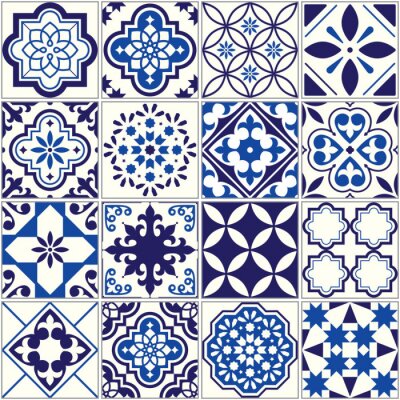 Vektor Fliesenmuster, Lissabon floralen Mosaik, mediterrane nahtlose navy blau Ornament
