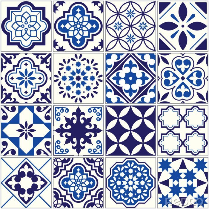 Fototapete Vektor Fliesenmuster, Lissabon floralen Mosaik, mediterrane nahtlose navy blau Ornament