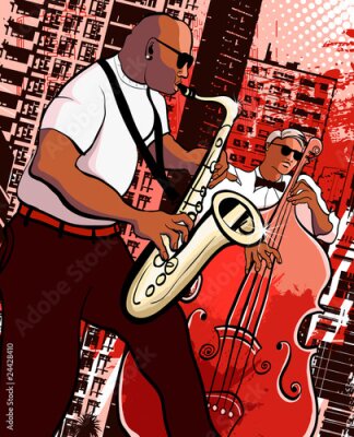 Fototapete Vektor-Illustration der Saxophonist und Bassist auf Grunge-Stadt