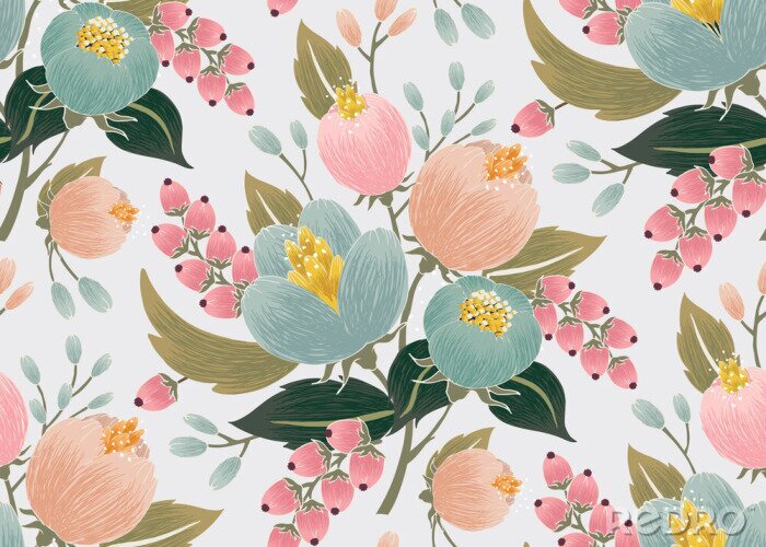 Fototapete Vektor-Illustration eines seamless floral Pattern mit Frühlingsblumen. Lovely floral background in süßen Farben