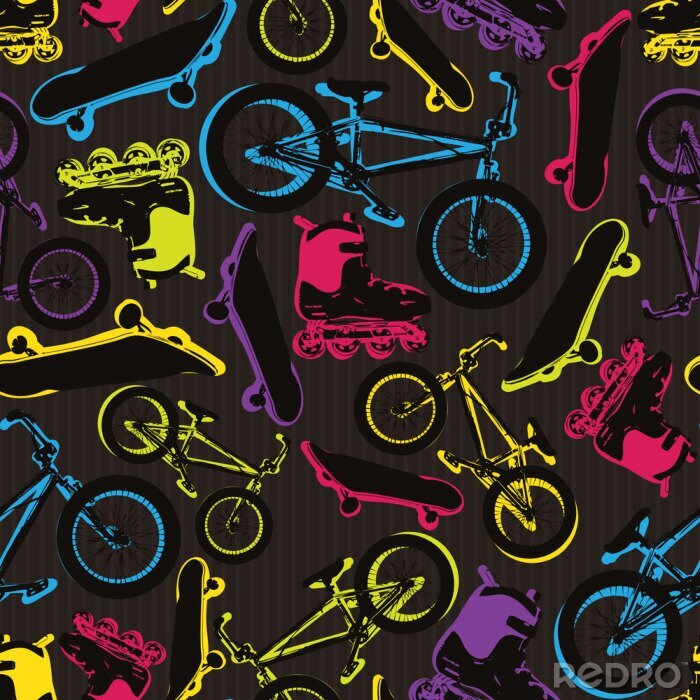 Fototapete Vektor nahtlose Muster mit Fahrrädern, Skateboards und Rollen.
