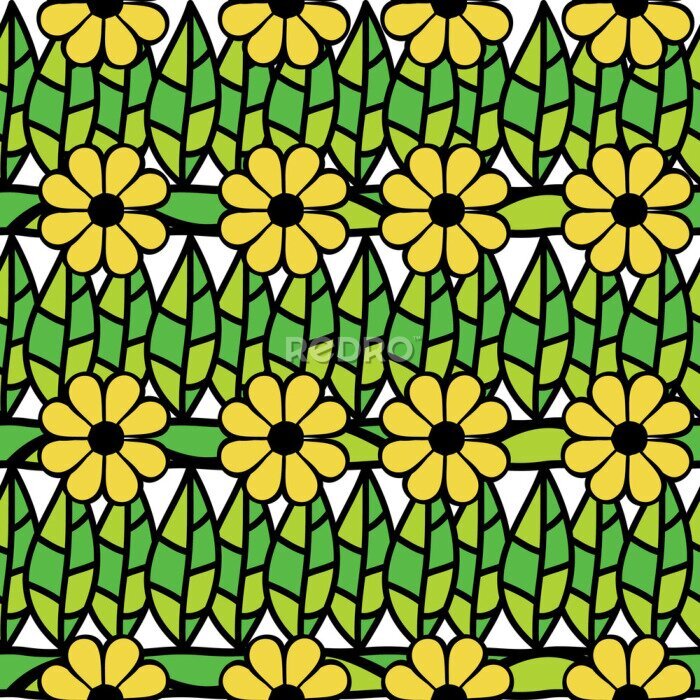 Fototapete Vektor nahtlose Muster mit grünen Blättern und Blüten