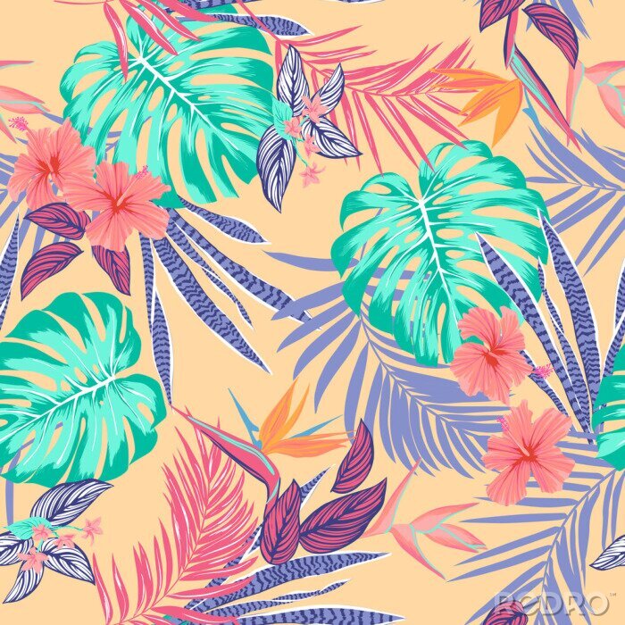 Fototapete Vektor nahtlose tropischen Muster, lebendige tropische Laub, mit Monstera Blatt, Palmblätter, Paradiesvogel Blume, Hibiskus in voller Blüte. Moderner heller Sommerdruckentwurf