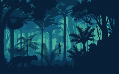 Vektorabend tropischen Regenwald Dschungel Hintergrund mit Jaguar, Faultier, Affe und qetzal
