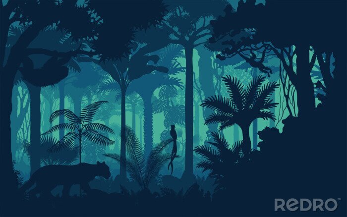 Fototapete Vektorabend tropischen Regenwald Dschungel Hintergrund mit Jaguar, Faultier, Affe und qetzal