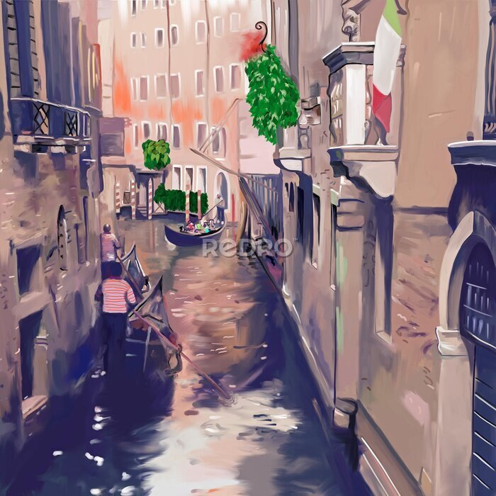 Fototapete Venice canal with gondolas and gondoliers. Original digital painting artwork of beautiful Italian architecture. Old european city, cozy street. Colored poster