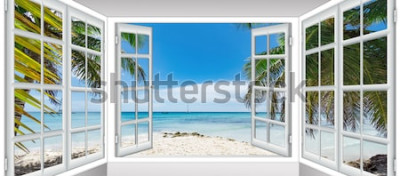 Fototapete Verglaste Terrasse mit Blick auf den Strand unter Palmen