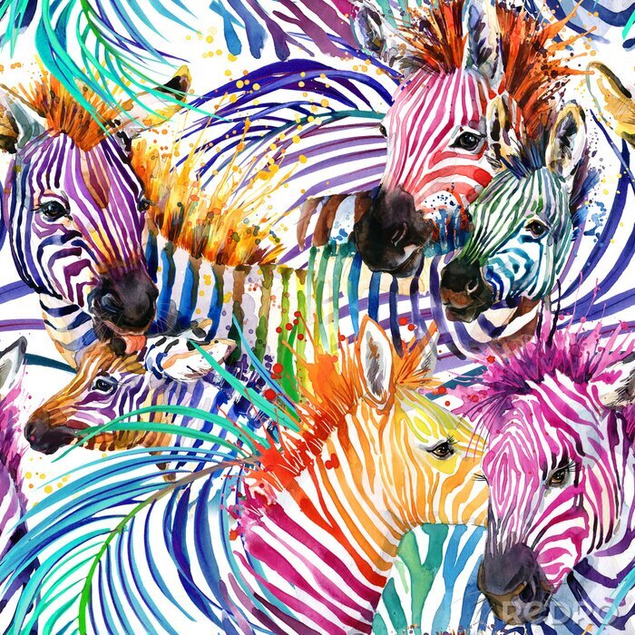 Fototapete Verschiedenfarbige Aquarell-Zebras