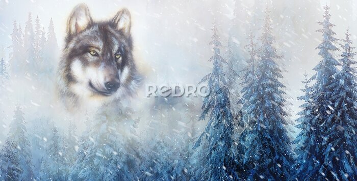 Fototapete Verschneite Berglandschaft mit Wolf