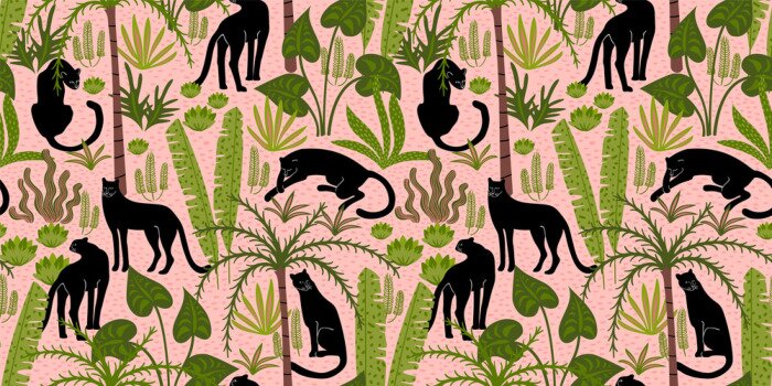 Fototapete Vestor seamless pattern with panthers and tropical leaves.