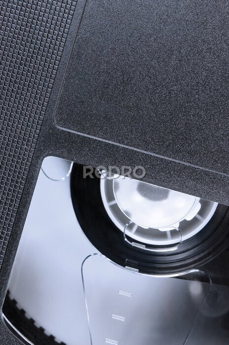 Fototapete Videokassette Makro Nahaufnahme, detaillierte schwarz retro Videoband Kassette