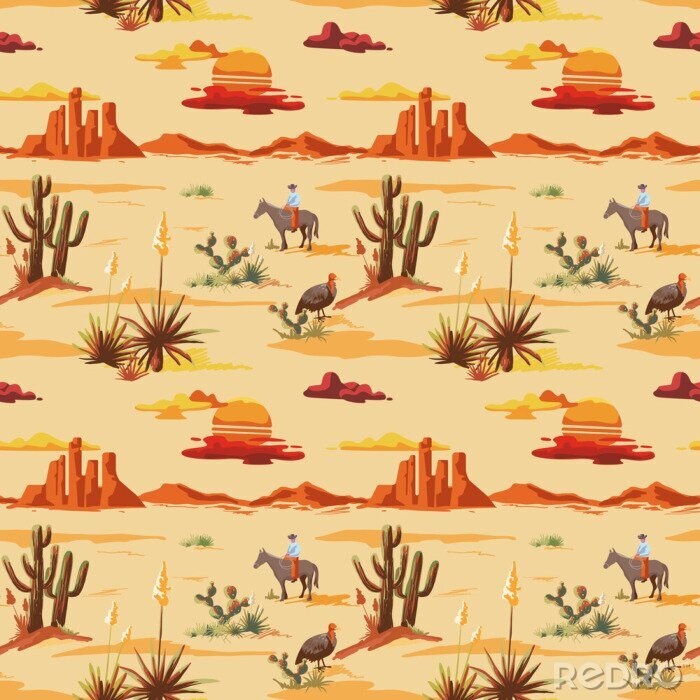 Fototapete Vintage beautiful seamless desert illustration pattern. Landscape with cactus, mountains, cowboy on horse, sunset vector hand drawn style background