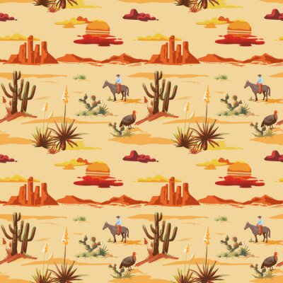 Tapete Vintage beautiful seamless desert illustration pattern. Landscape with cactus, mountains, cowboy on horse, sunset vector hand drawn style background