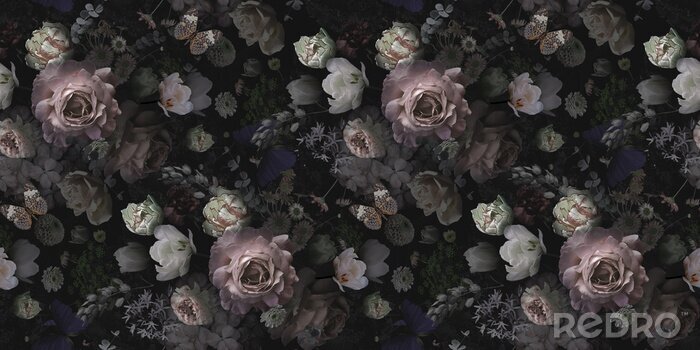 Fototapete Vintage Blumen auf schwarzem Hintergrund