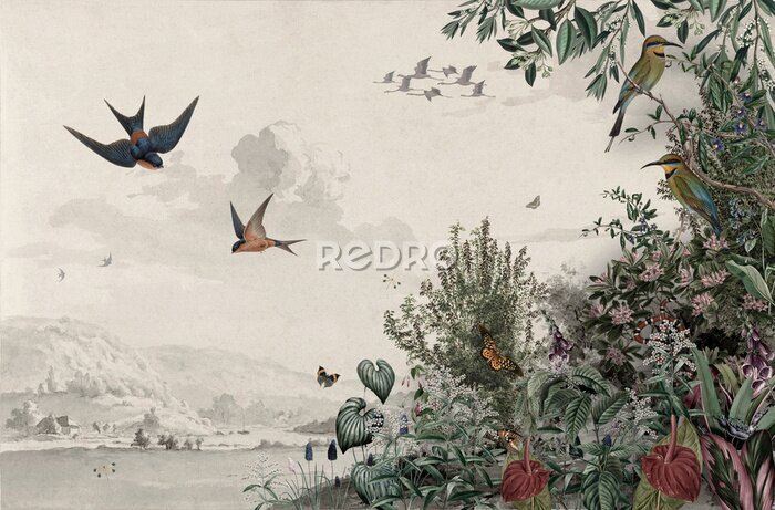 Fototapete Vintage Illustration von Wildpflanzen und Vögeln