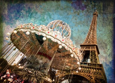 Fototapete Vintage Karussell und Eiffelturm in Paris