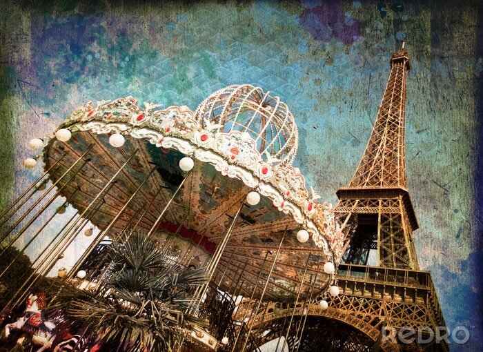 Fototapete Vintage Karussell und Eiffelturm in Paris