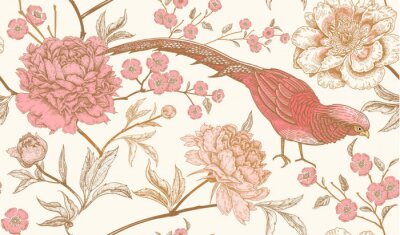 Vintage mit rosa Vögeln und Blumen