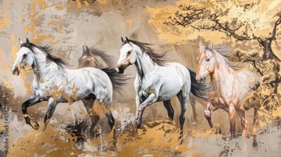 Fototapete Vintage-Muster mit Pferden und goldenen Verzierungen