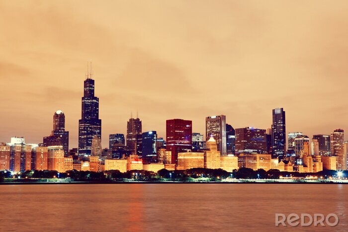 Fototapete Vintage nächtliches Panorama von Chicago