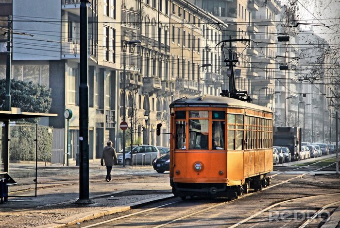 Fototapete Vintage orangefarbene Straßenbahn