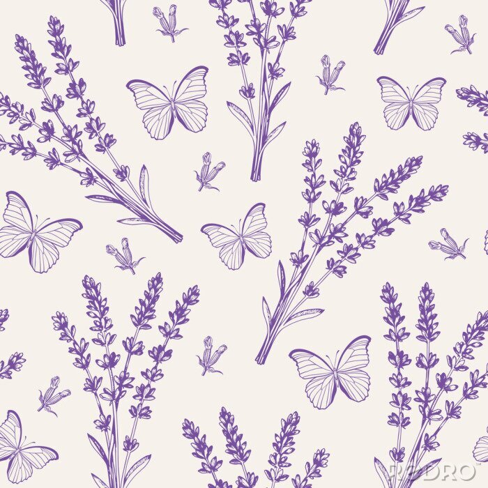 Fototapete Vintage seamless pattern with lavender flowers and butterflies.