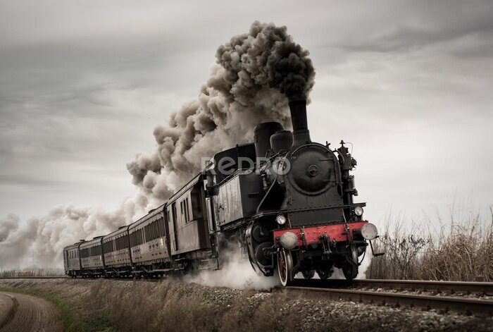 Fototapete Vintage steam train with ancient locomotive and old carriages runs on the tracks in the countryside