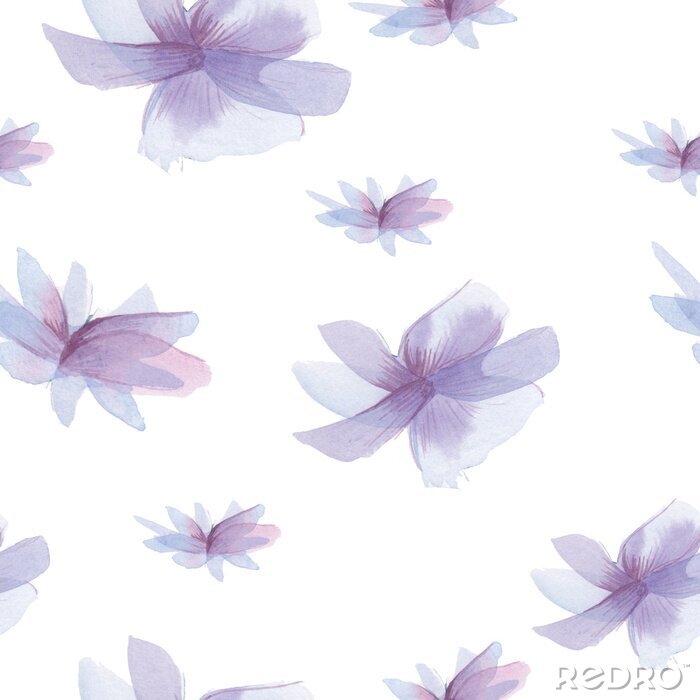 Fototapete violet flowers pattern, watercolor seamless pattern, violet flowers, hand-drawn, isolated on white background